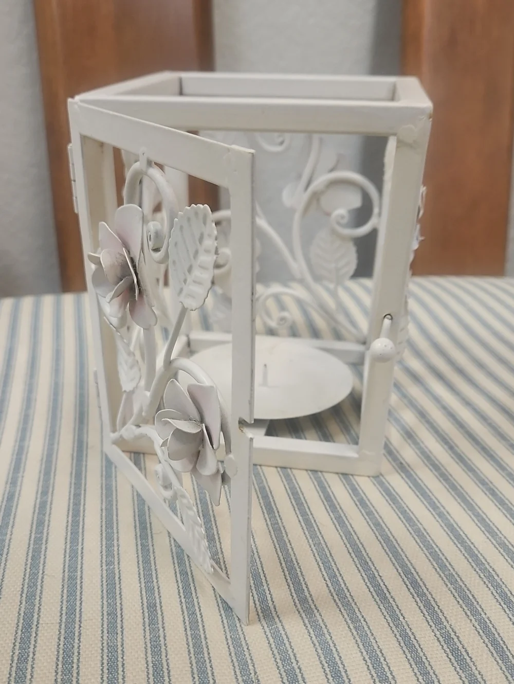 Vintage Decorative White Floral Metal Rose Candle Holder with pink accents.